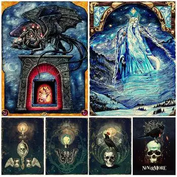 Зимняя королева и черный дракон, винтажная настенная живопись маслом, скелет, ворона, бабочка, художественный постер и печатное украшение для дома 21cm30cm NoFrame