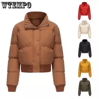 Зимняя короткая хлопковая куртка женская с длинными рукавами и высоким воротом теплая куртка свободная повседневная куртка в стиле «хлеб» однотонная куртка в стиле панк пуховик S чёрный