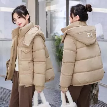 Зимняя короткая куртка из хлопка с капюшоном, утолщенная, корейская версия, свободная, новая куртка из хлеба M чёрный