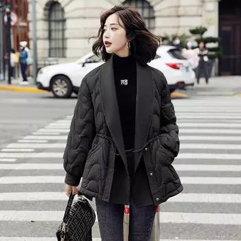 Зимняя короткая куртка-пуховик с V-образным вырезом для женщин 2024 года, новая свободная белая шерстяная куртка-сращивание из утиного пуха, легкая S хаки