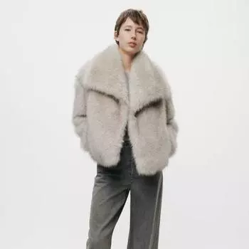 Зимняя короткая куртка с большим отворотом из искусственного меха для женщин XS