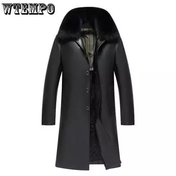 Зимняя кожаная куртка для людей среднего и пожилого возраста, мужская куртка для папы, длинная, с подкладкой до колен, утолщенная, повседневная кожаная куртка M чёрный