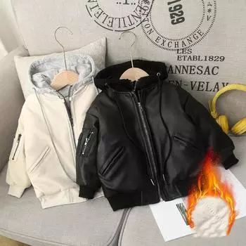 Зимняя кожаная куртка для мальчиков, толстое теплое хлопковое детское пальто, модная водонепроницаемая верхняя одежда с капюшоном на молнии для детей 140cm белый