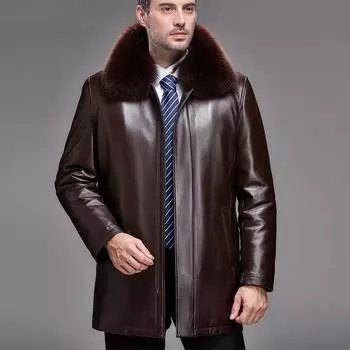 Зимняя кожаная куртка мужская флисовая утолщенная подкладка из золотистой норки съемный верх кожаной куртки XL чёрный