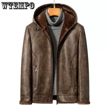 Зимняя кожаная куртка мужская из телячьей кожи с подкладкой, утолщенная, отцовская куртка с капюшоном, мужская кожаная куртка M чёрный