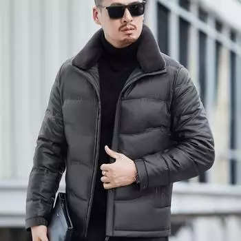 Зимняя кожаная куртка мужская куртка из овчины средняя и старая пуховая куртка мужская повседневная куртка с меховым покрытием M серый