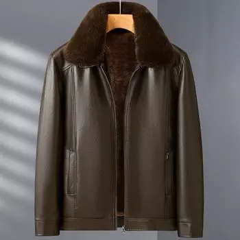Зимняя кожаная куртка мужская меховая повседневная утолщенная плюшевая кожаная куртка теплые пальто 50 чёрный