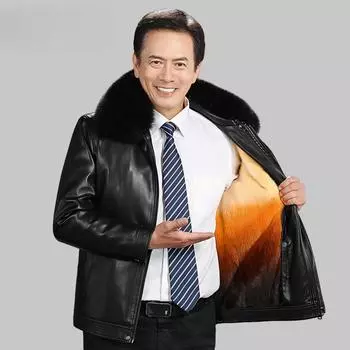 Зимняя кожаная куртка мужская с большим меховым воротником и съемной флисовой подкладкой, флисовая куртка из овчины для людей среднего и пожилого возраста 170