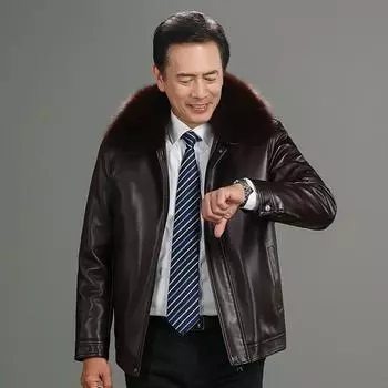Зимняя кожаная куртка мужская с большим меховым воротником и съемной флисовой подкладкой, флисовая куртка из овчины M