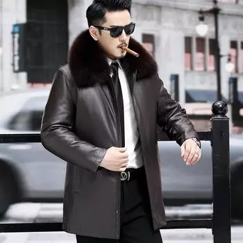 Зимняя кожаная куртка мужская среднего и старшего возраста Ni Overcome повседневная куртка средней и длинной длины кожаный меховой воротник Father Fur M коричневый