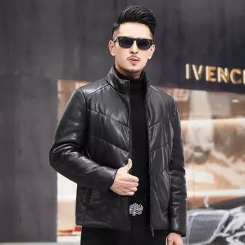 Зимняя кожаная куртка на утином пуху, мужская куртка-пуховик из овечьей кожи, воротник-стойка, короткая кожаная куртка, мужское пальто, утолщенное 4XL