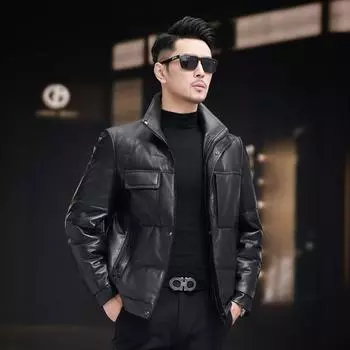 Зимняя кожаная куртка-пуховик, кожаная куртка, мужская короткая кожаная куртка из овчины, свободное модное синее пальто Tide L чёрный