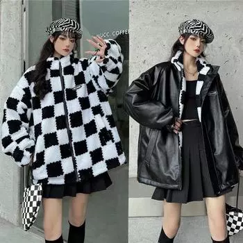 Зимняя кожаная куртка женская уличная теплая толстая клетчатая искусственная овечья шуба подкладка двусторонняя одежда байкерская байкерская куртка на молнии S