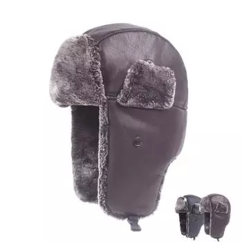 Зимняя кожаная шапка-бомбер, уличная бархатная толстая теплая ветрозащитная морозостойкая защитная шапка для ушей, лыжная кепка с напуском чёрный