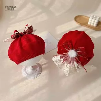 Зимняя красная шапка для девочки новогодняя вязаная берет детская зимняя теплая детская принцесса шерстяная шапка reference age: 4-36 months (42-47cm)