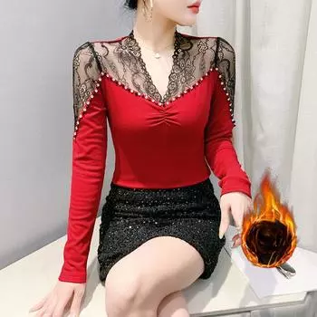 Зимняя кружевная сращивающая новая футболка с длинными рукавами и V-образным вырезом в иностранном стиле, женская облегающая рубашка S