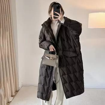 Зимняя куртка 2024 года из белого утиного пуха средней и длинной длины, свободная модель, съемная шапка, силуэт выше колена, теплая куртка M