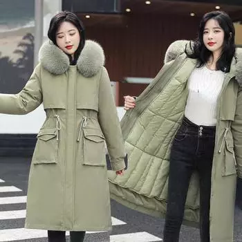 Зимняя куртка 2024 года, новая женская парка, длинное пальто, шерстяная подкладка, куртка с капюшоном, меховой воротник, толстая теплая зимняя одежда, утепленная парка M синий