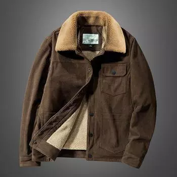 Зимняя куртка большого размера из хлопка, однотонная, с боковыми карманами, однобортная, из бархата, коричневого хлопка, шерсть ягненка M