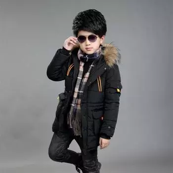 Зимняя куртка для больших мальчиков, однотонная, средней длины, сохраняющая тепло, защита от холода, с капюшоном, пуховая хлопковая ветровка 160cm чёрный