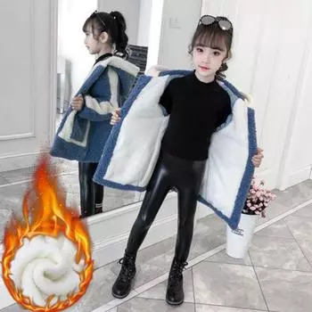 Зимняя куртка для девочек из овечьего флиса, средней длины с утолщением из бархата, детская куртка для больших детей, куртка для маленьких девочек 160 синий