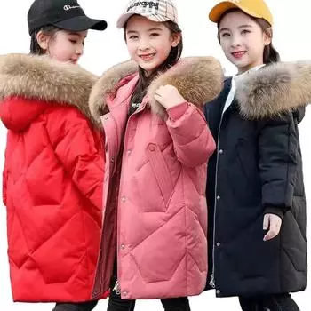 Зимняя куртка для девочек-подростков 5-14 лет с большим меховым воротником, длинное стильное утепленное пальто с капюшоном для детей, толстая, сохраняющая тепло одежда 130