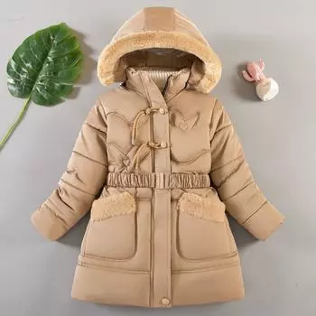 Зимняя куртка для девочек Зимнее пальто Толстая хлопковая вата с капюшоном Верхняя одежда Парка Детские зимние куртки Модный пояс 120cm