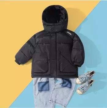 Зимняя куртка для мальчиков и девочек, однотонная, утепленная, с капюшоном, для детей 3-12 лет, парка, зимний комбинезон, модная повседневная верхняя одежда 160cm чёрный