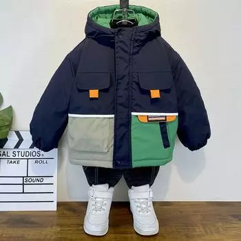 Зимняя куртка для мальчиков с бархатной хлопковой подкладкой 2024 года, новая детская теплая куртка зарубежного стиля, модная куртка для маленьких мальчиков на осень и зиму, преодоление пирогов 90cm