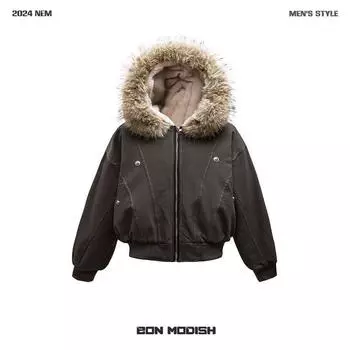 «Зимняя куртка EON MODISH 2024 года в стиле ретро с меховым воротником и капюшоном из хлопка» Medium чёрный