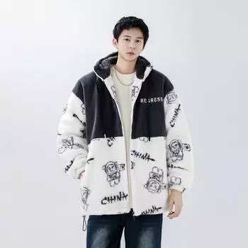 Зимняя куртка Harajuku из плюша ягненка, мужская модная зимняя одежда, утолщенная хлопковая одежда, мужской модный тренд M