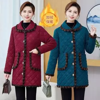 Зимняя куртка из бархата для мам с утолщенной хлопковой подкладкой, одежда с хлопковой подкладкой, женская мода, иностранный стиль, куртка большого размера с хлопковой подкладкой XL (recommended 9-85-110 catties) бордовый