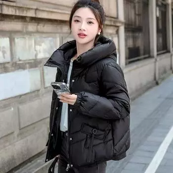 Зимняя куртка из хлопка, женская теплая куртка из хлопка, новая модная повседневная однотонная куртка с капюшоном M чёрный