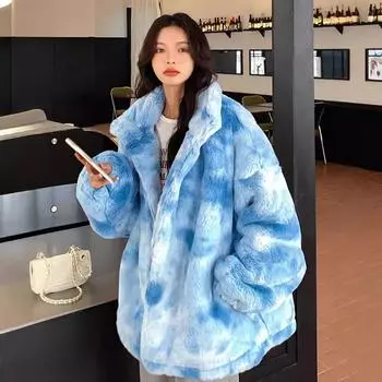 Зимняя куртка из меха кролика с принтом тай-дай, средняя и длинная, с отворотом большого размера, женская одежда с застежкой-молнией и принтом, плюшевая одежда, плотная S синий