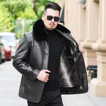 Зимняя куртка из натуральной кожи со съемной утолщенной бархатной подкладкой для папы среднего возраста, мужская куртка с воротником из овчины на пуговицах 170