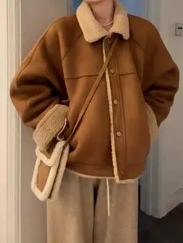 Зимняя куртка из овечьей шерсти с французским винтажным лацканом, женская дизайнерская шикарная однотонная теплая куртка с длинным рукавом, новый ретро-кардиган из одинарного кроя S хаки