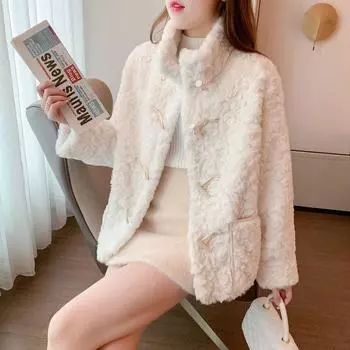 Зимняя куртка из овечьей шерсти с воротником-стойкой, короткая, с пряжкой из рога, женская, утолщенная, имитация французской норки, бархат S