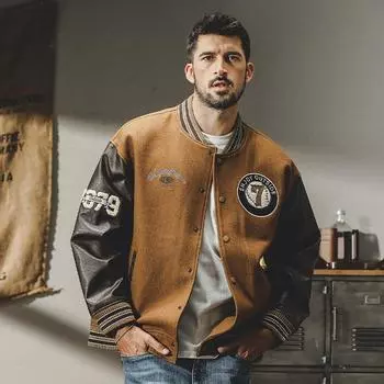 Зимняя куртка из плотной шерсти 720G, мужская американская ретро-бейсбольная майка, свободная, модная брендовая тренерская куртка M коричневый