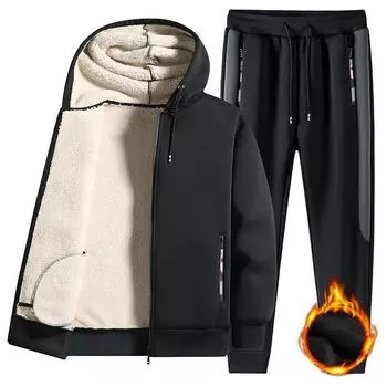 Зимняя куртка из утолщенного овечьего флиса с бархатом, повседневный спортивный костюм, мужская модная одежда, брюки, мужской костюм больших размеров S чёрный