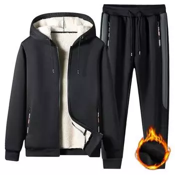 Зимняя куртка из утолщенного овечьего флиса с бархатом, повседневный спортивный костюм, мужская модная одежда, брюки, мужской костюм больших размеров 7XL чёрный