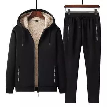 Зимняя куртка из утолщенного овечьего флиса с бархатом, повседневный спортивный костюм, мужская модная одежда, брюки, мужской костюм больших размеров 5XL чёрный