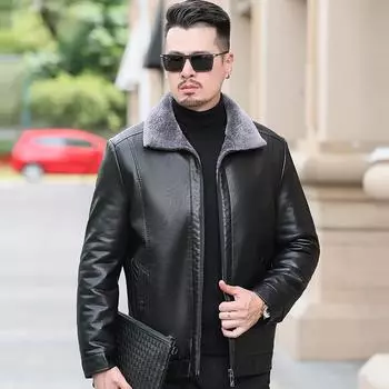 Зимняя куртка из утолщенной бархатной кожи для мужчин, кожаная куртка из овчины с воротником-стойкой, меховая цельнокроеная куртка для людей среднего возраста 170