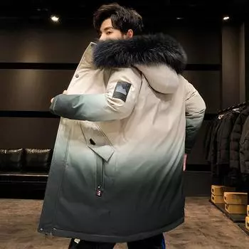 Зимняя куртка мужская градиентная с капюшоном тонкая корейская парка хомбре длинная куртка пальто кашемировая мужская ветровка парки хлопковая куртка M