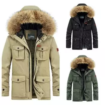 Зимняя куртка мужская теплая толстая флисовая парка ветровка военная с капюшоном меховой воротник пальто мужская одежда M хаки