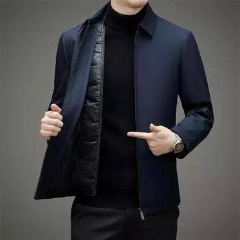 Зимняя куртка на гусином пуху Легкая куртка-пуховик Деловая повседневная куртка на молнии с лацканами Короткая куртка со съемной подкладкой для мужчин 170 темно-синий