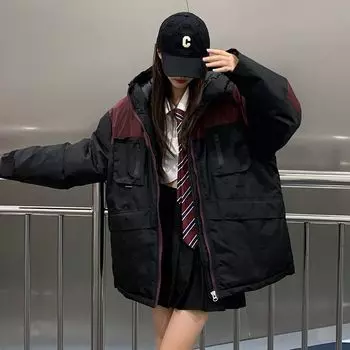 Зимняя куртка оверсайз из плотного хлопка для пар, новая версия хлопкового пальто для спецодежды для пар S чёрный