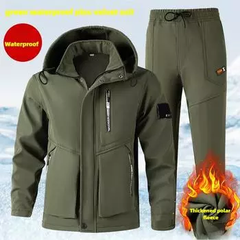 Зимняя куртка Plus Velvet Thicken Jacket, комбинезон, костюм, мужской, утепленный, водонепроницаемый и износостойкий инструментальный костюм 4XL чёрный