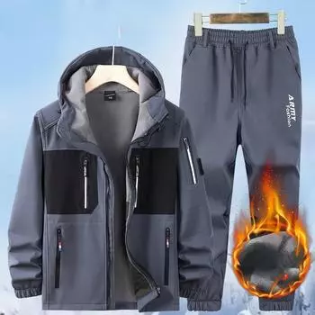 Зимняя куртка Plus Velvet Водонепроницаемый костюм Рабочая одежда Мужской зимний уличный утепленный теплый и холодный костюм из 2 предметов XXXXL чёрный