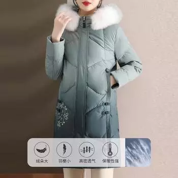 Зимняя куртка-пуховик для мам с воротником из меха благородной лисы средней и длинной длины для женщин среднего и пожилого возраста, зимняя утолщенная теплая куртка XL recommends 90-55kg зелёный