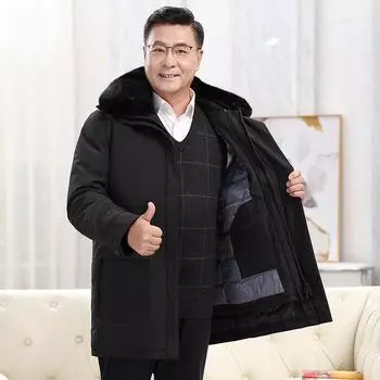 Зимняя куртка-пуховик для папы средней длины, теплая зимняя одежда, мужская куртка со съемным подкладом и капюшоном для мужчин среднего и пожилого возраста M